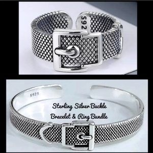 STERLING SILVER BUCKLE DESIGN CUFF BRACELET AND RING SET ADJUSTABLE RESIZABLE